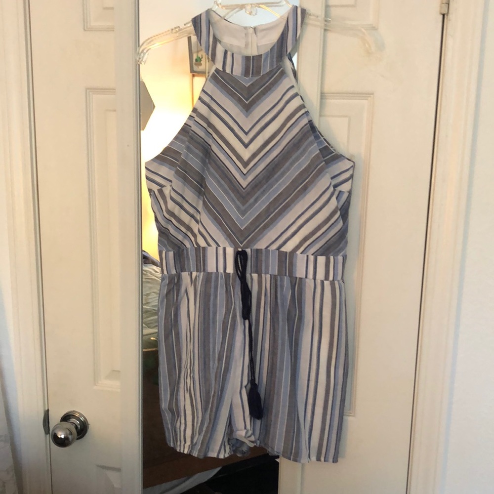 Summer style blue and white striped halter romper